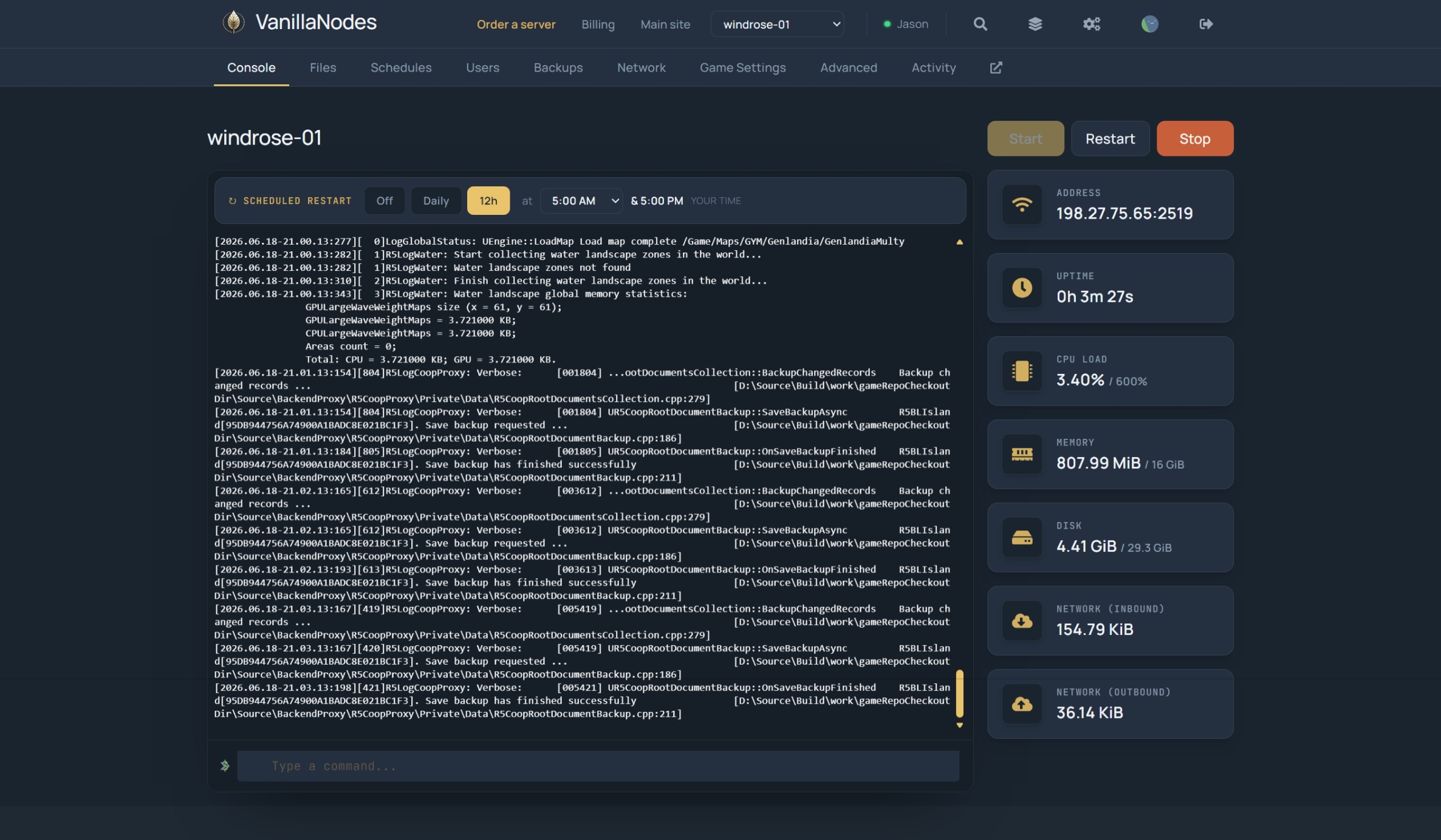 AcidNodes console for a Windrose server — live log, power controls, scheduled restart and resource stats