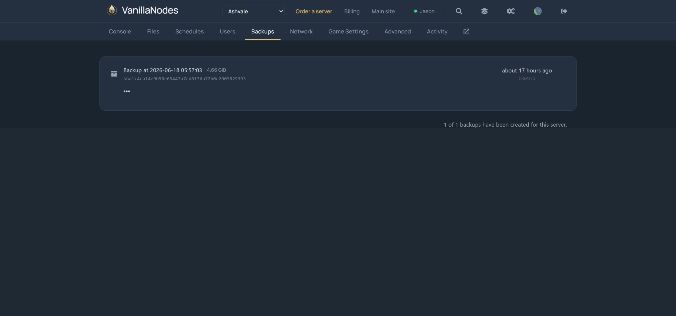 Nightly backups for an Enshrouded server in the AcidNodes panel, with checksums