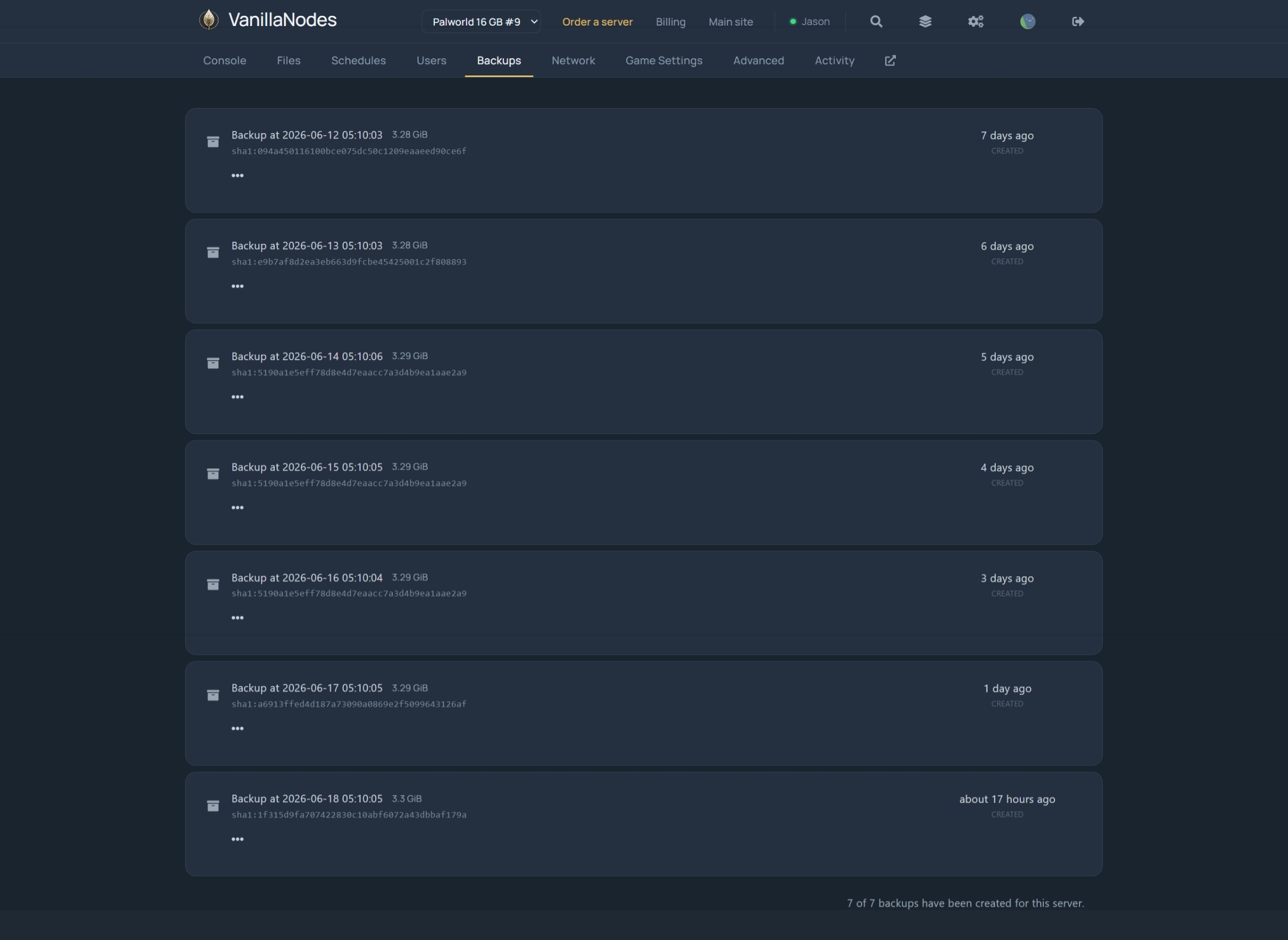 Nightly backups for a Palworld server in the AcidNodes panel, with checksums