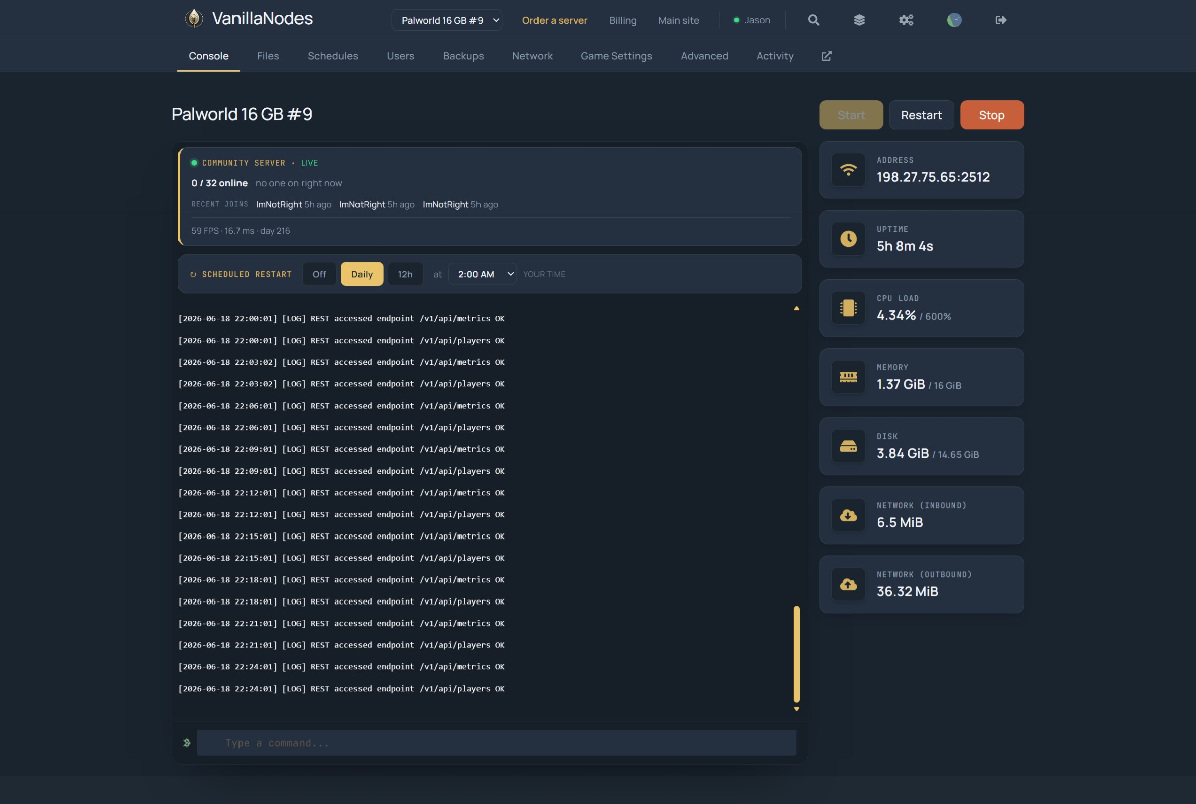 AcidNodes console for a Palworld community server — live log, scheduled restart, stats and the online-players card