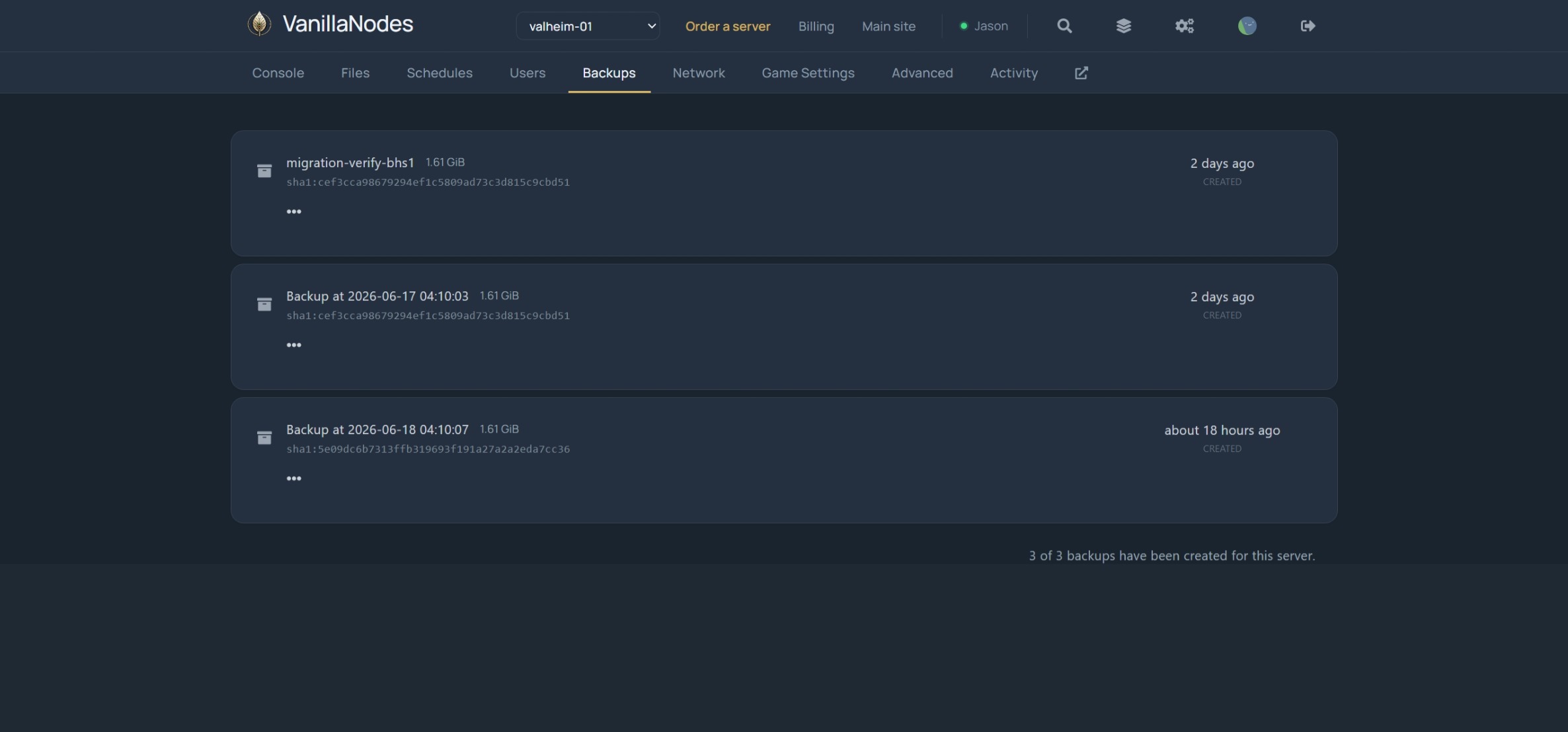 Nightly backups for a Valheim server in the AcidNodes panel, with checksums