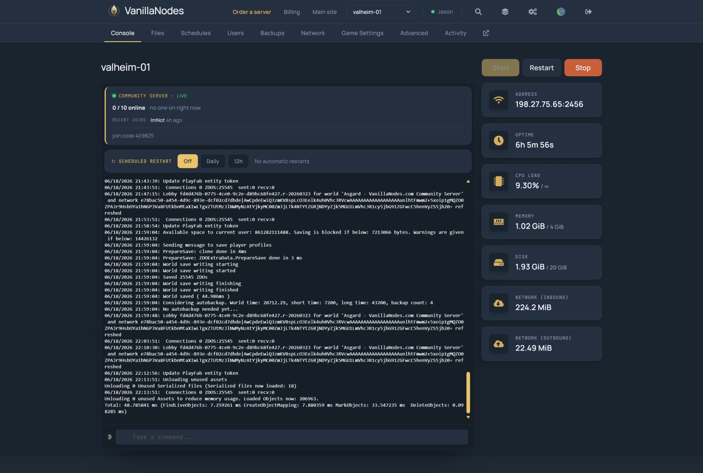 AcidNodes console for a Valheim community server — live log, scheduled restart, resource stats and the online-players card