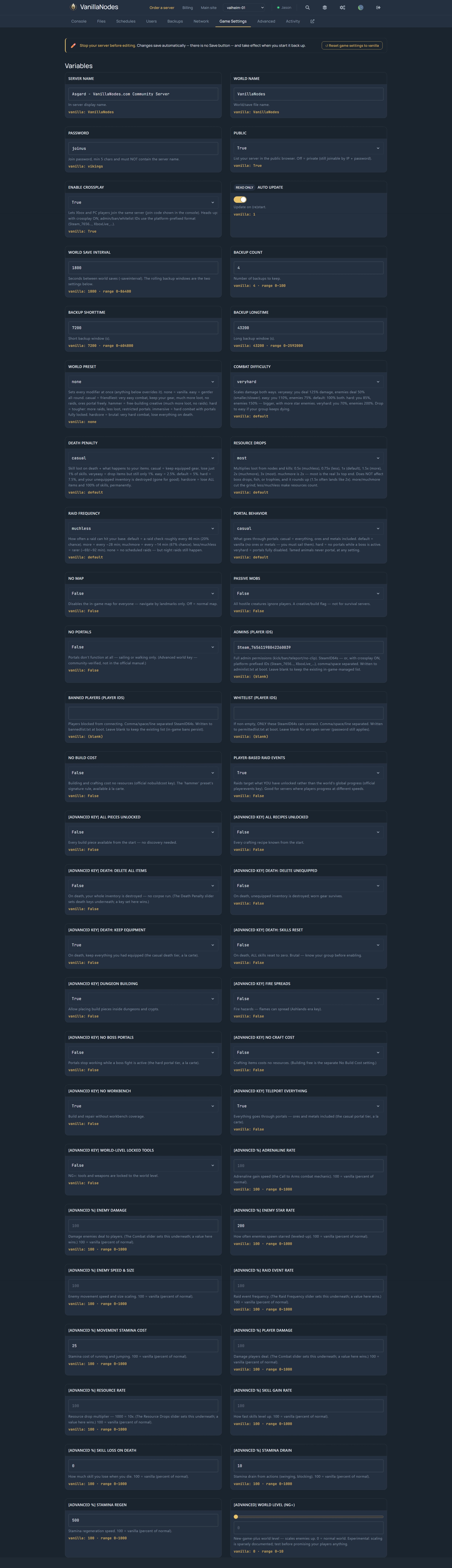 Valheim Game Settings in the AcidNodes panel — world modifiers and 26 advanced keys as labeled fields